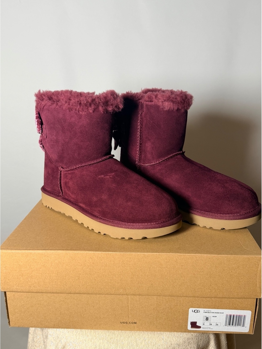 UGG Women's Winter Boots with Velvet Bow Detail - Size 8